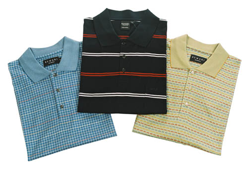 Three Eswari knitted polo shirts in checked, striped and jacquard patterns